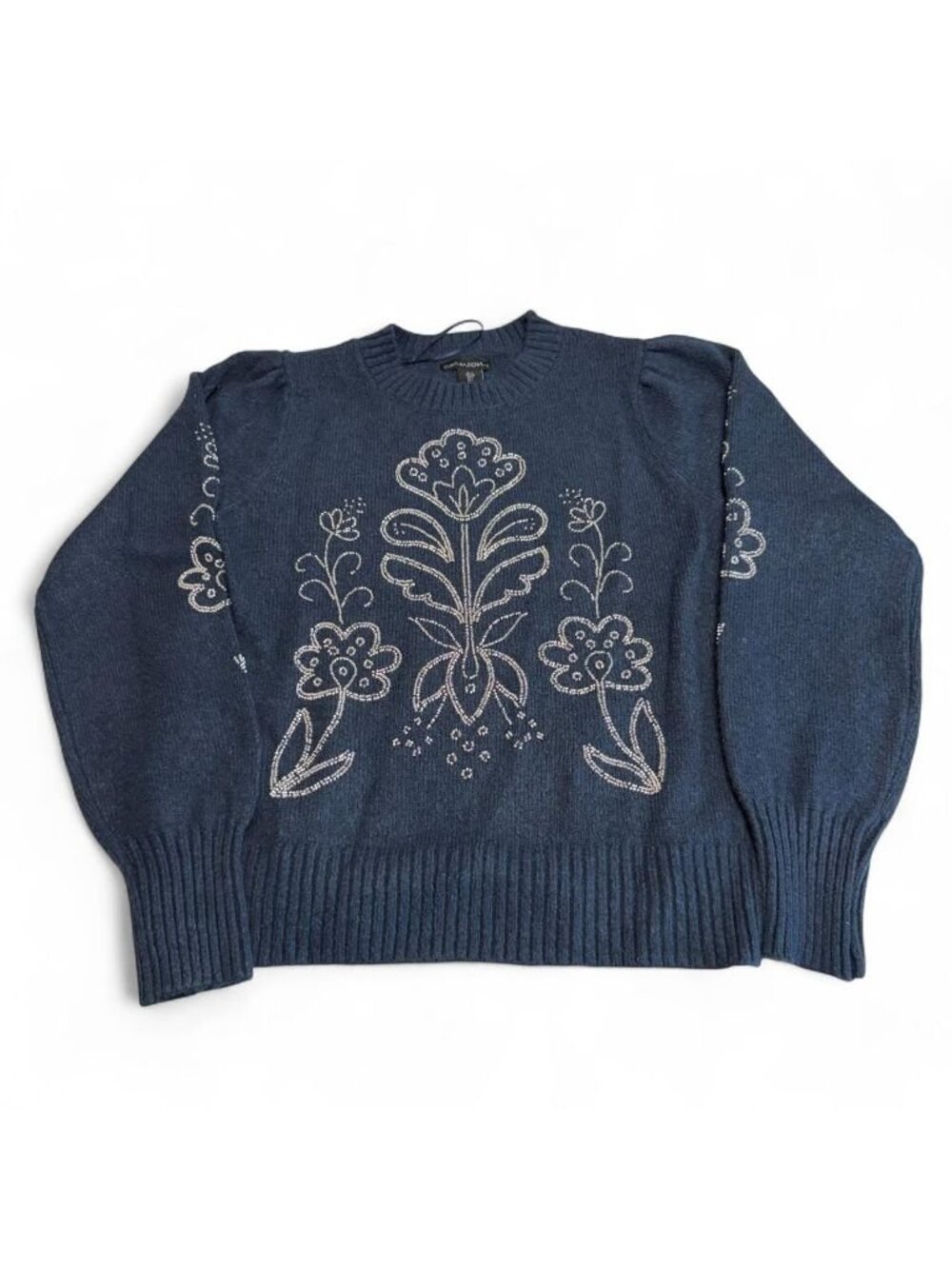 Cynthia Rowley Floral Beaded Crew Neck Sweater Women's Large Cozy Fall Preppy